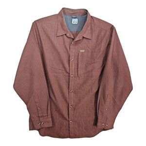 Columbia Long Sleeve Zipper Pocket Button Up Shirt Maroon Plaid Large